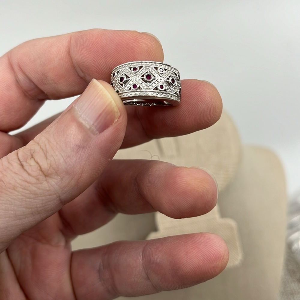 Vintage HJS 925 Sterling Silver Filigree Garnet Ruby Band Ring Size 5 Korea - Picture 11 of 15